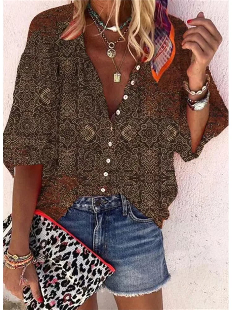 2024 New Women\'s Shirts & Blouses Fashion Vintage Printed Casual Vacation Bohemian Style Lady Single-breasted Shirt Streetwear