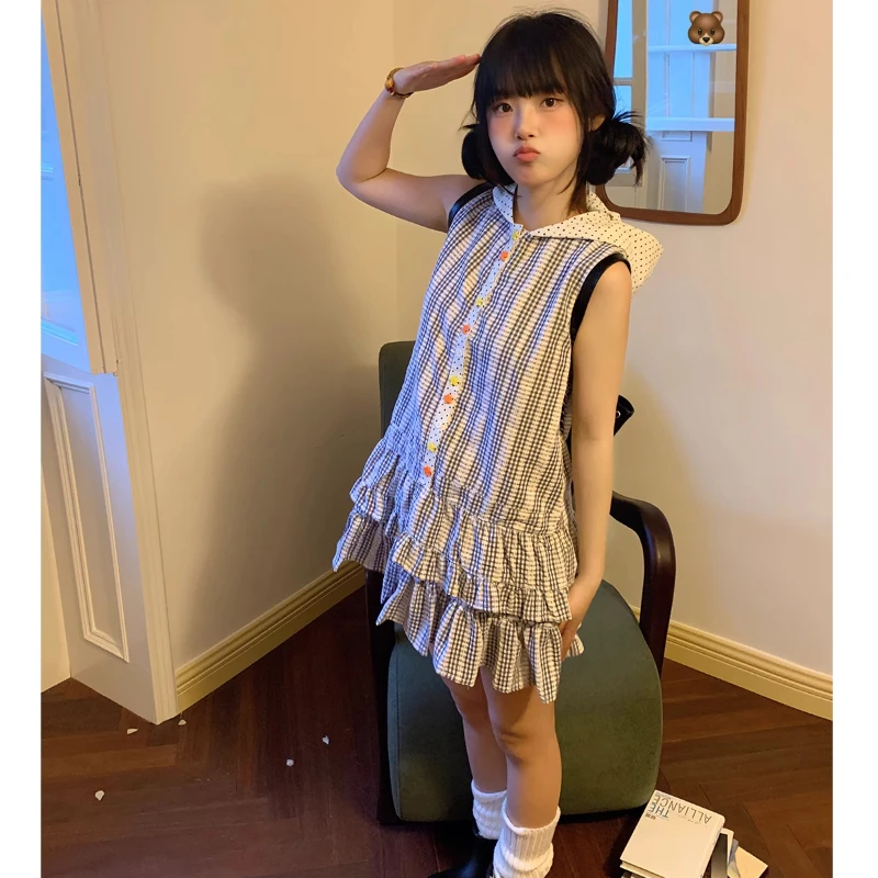 New Plaid Polka Dot Hooded Women's Dress Original Hem Fluffy Cute Small Flower Buttons Age-reducing Sleeveless Dresses Ladies