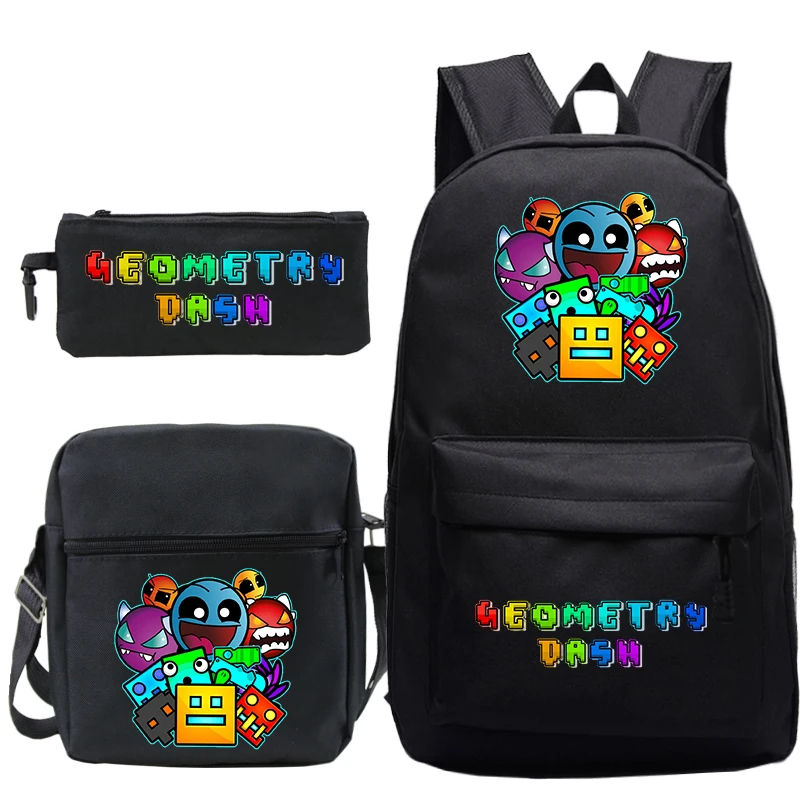 

3pcs Set Game Geometry Dash Backpack Causal Schoolbag Lightweight School Backpack Angry Cartoon School Bags for Boys Girls