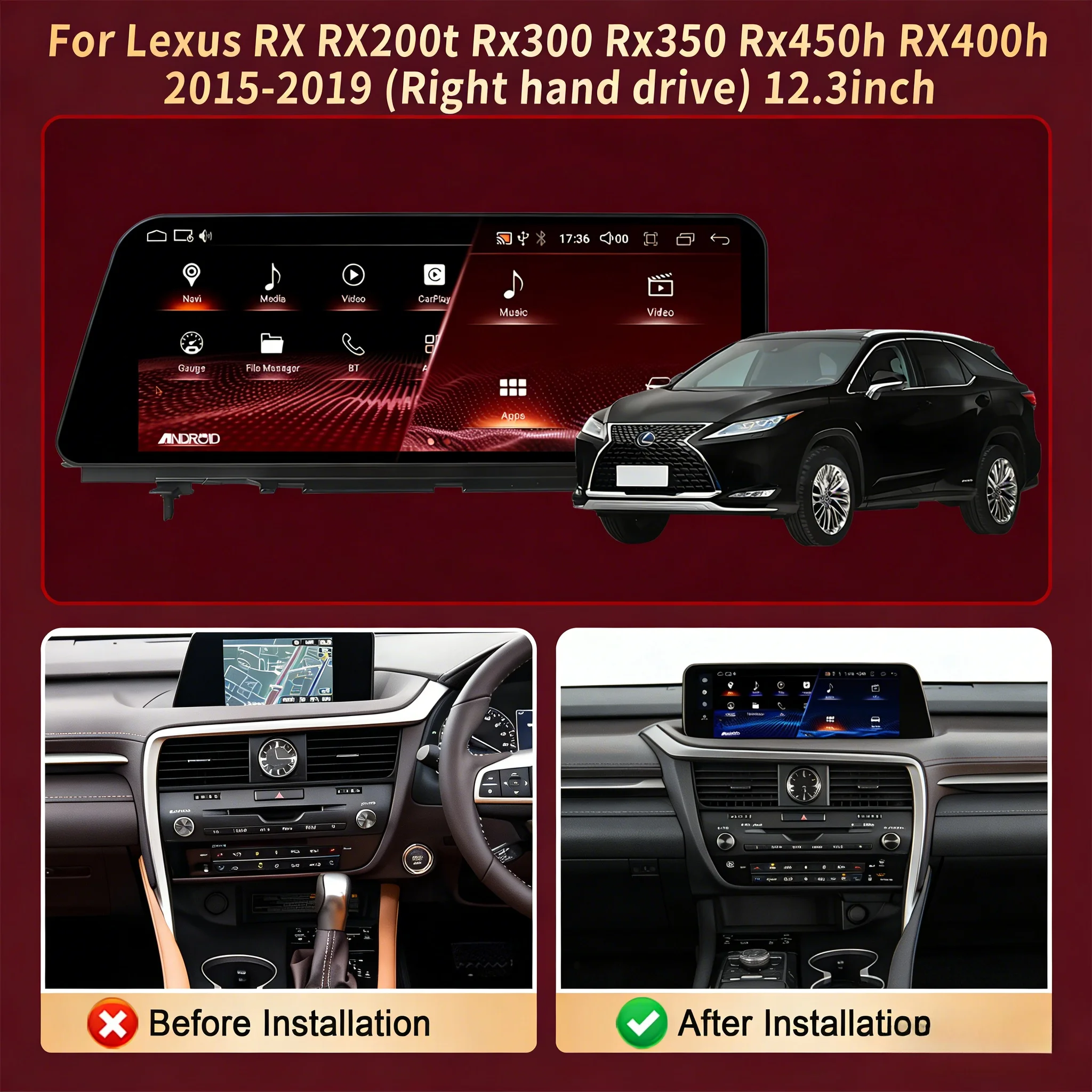 12.3inch RHD Car Radio Wireless CarPlay Multimedia Snapdragon 685 Screen For Lexus RX RX200t Rx300 Rx350 Rx450h RX400h 2015-2019