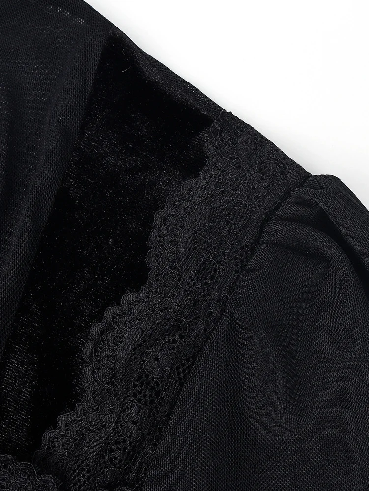 Vintage Elegante Mesh-Damenbluse Schwarze Transparente Slim-Fit Bluse mit Hohem Kragen Spitze Gothic Punk Korsett-Top Langarm Samt Mode-Blusen – Detail 3