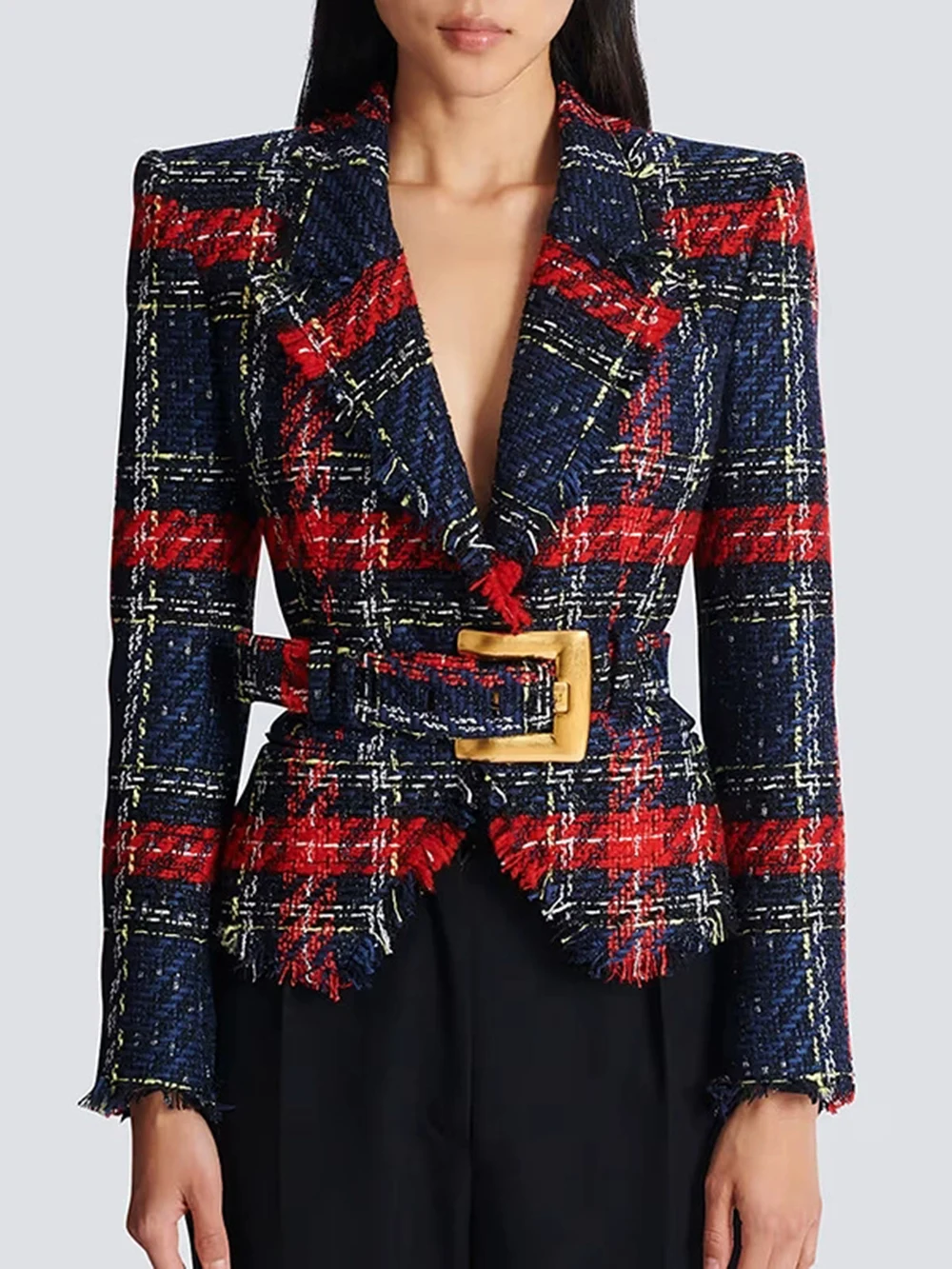 

2026 Ранняя весна, новая европейская и американская модная линия знаменитостей, клетчатый твидовый пояс, приталенная куртка, куртка