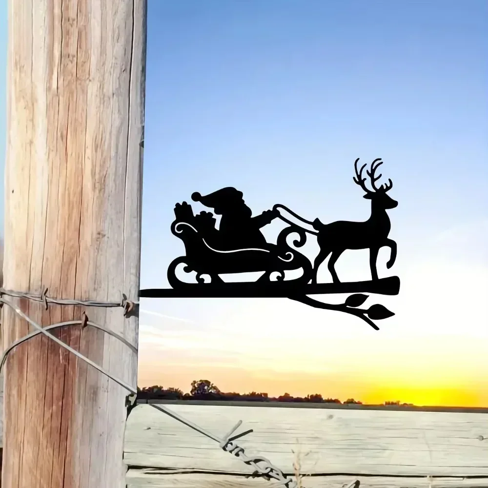 Mesmerizing 1pc Reindeer and Santa Claus Metal Wall Art – Hypnotic Steel Silhouette on Branch. Fascinating for Home, Garden