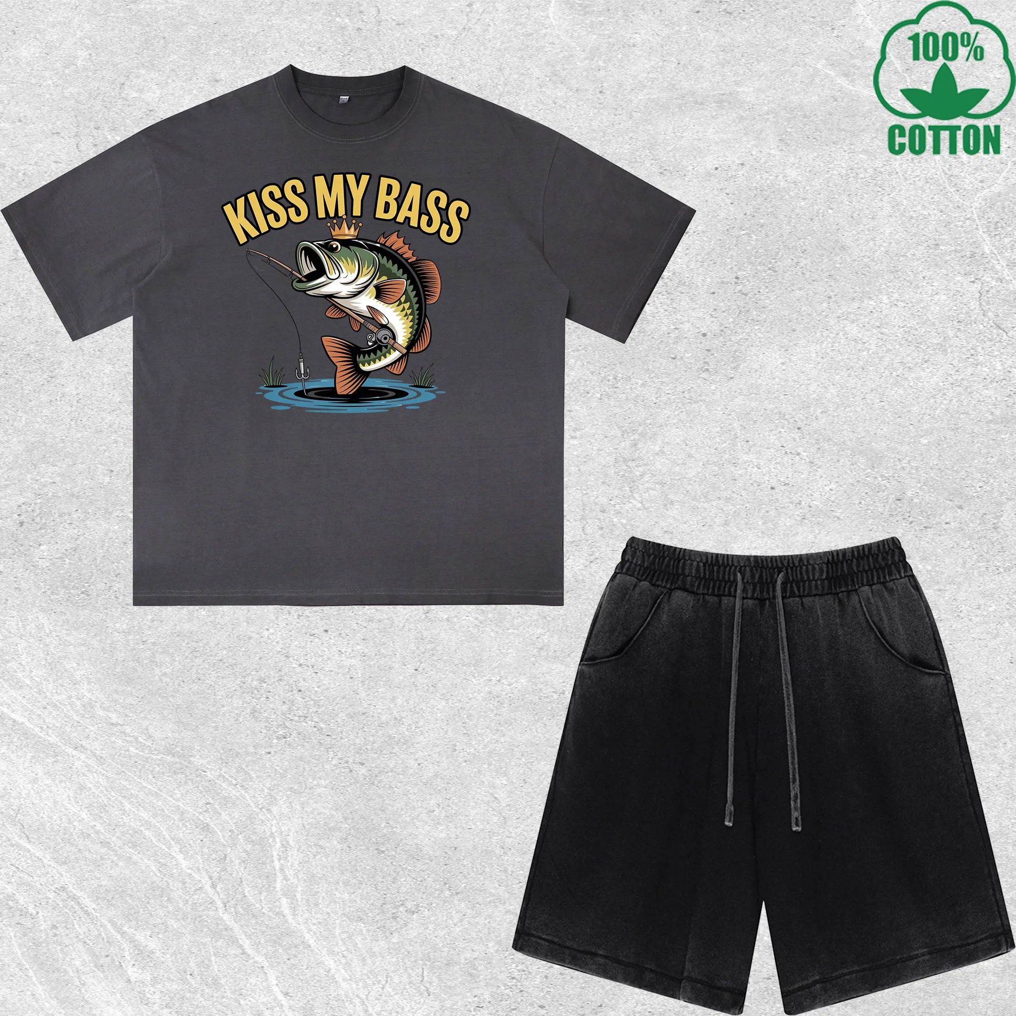 

Kiss My Bass Printed Dirty Wash T-Shirt Shorts Set Multicolor Combo Loose Trendy Fashionable 100%Cotton