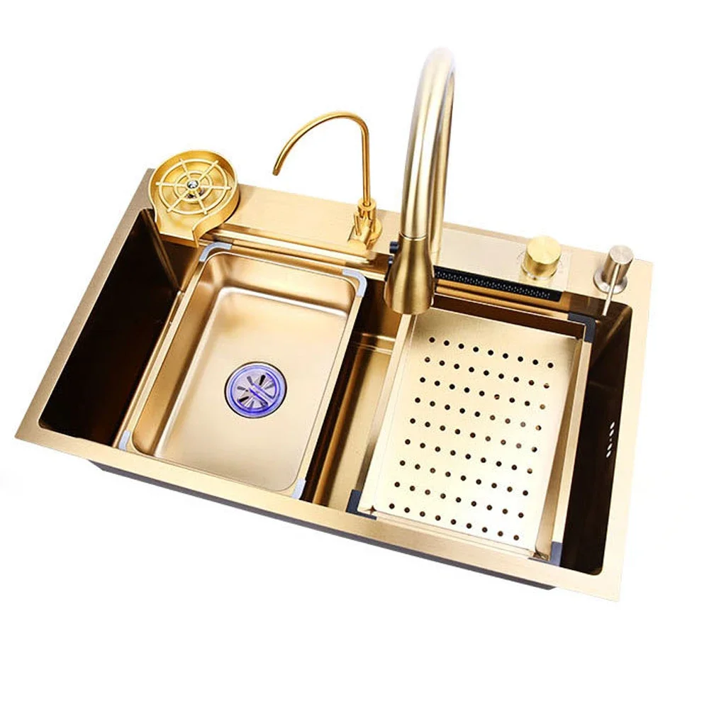 Stainless Steel Single Bowl Kitchen Sink with Waterfall Design Multifunction Smart Cutting Board Accessories Three Holes