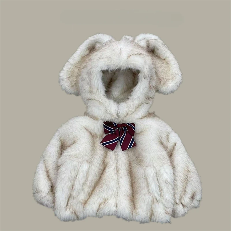 

New Winter Children's Clothing Fur Plush Jacket Long-eared Bunny Bow Collar Hooded Tail Thickened Jacket