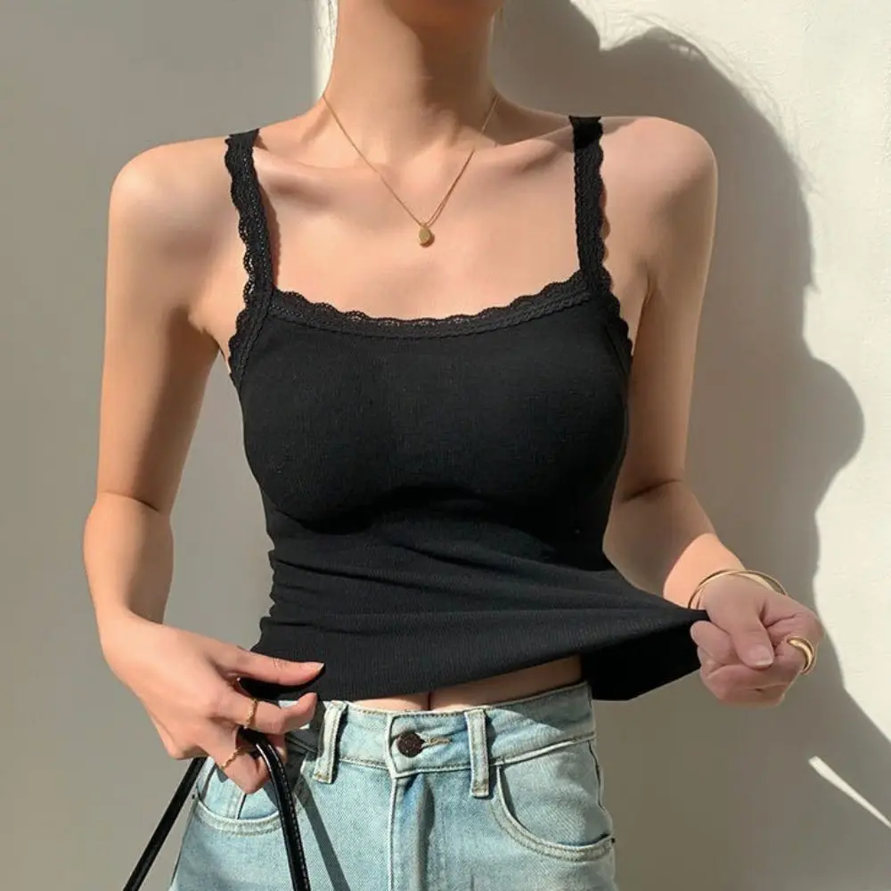 

Simple Sweet Girl Lace Crop Top Y2K Sleeveless Camisole with Pads Bottoming Shirts Slim Fit Women Vest Top Summer