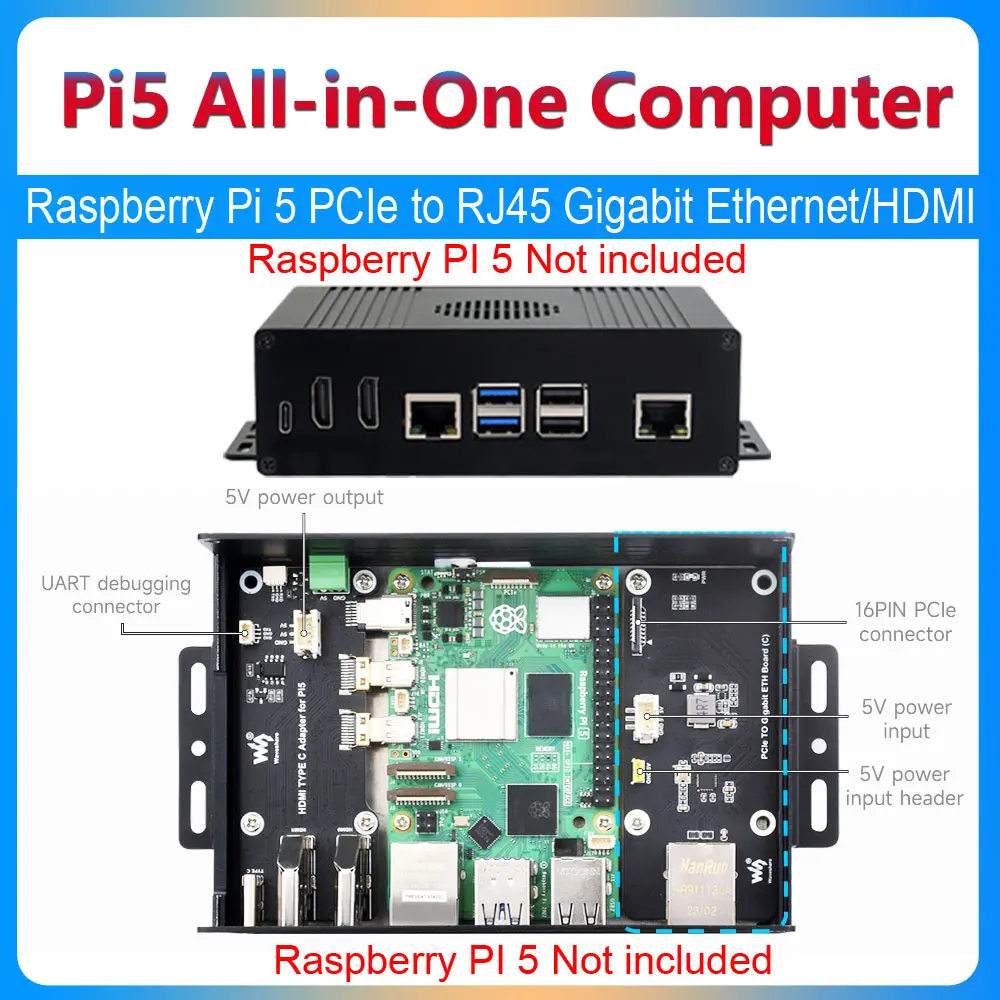 

Raspberry Pi 5 Box Case Ki-A PCIe to RJ45 Gigabit Ethernet Expansion board All Ports To Pi's USB Side TYPE-C HDMI