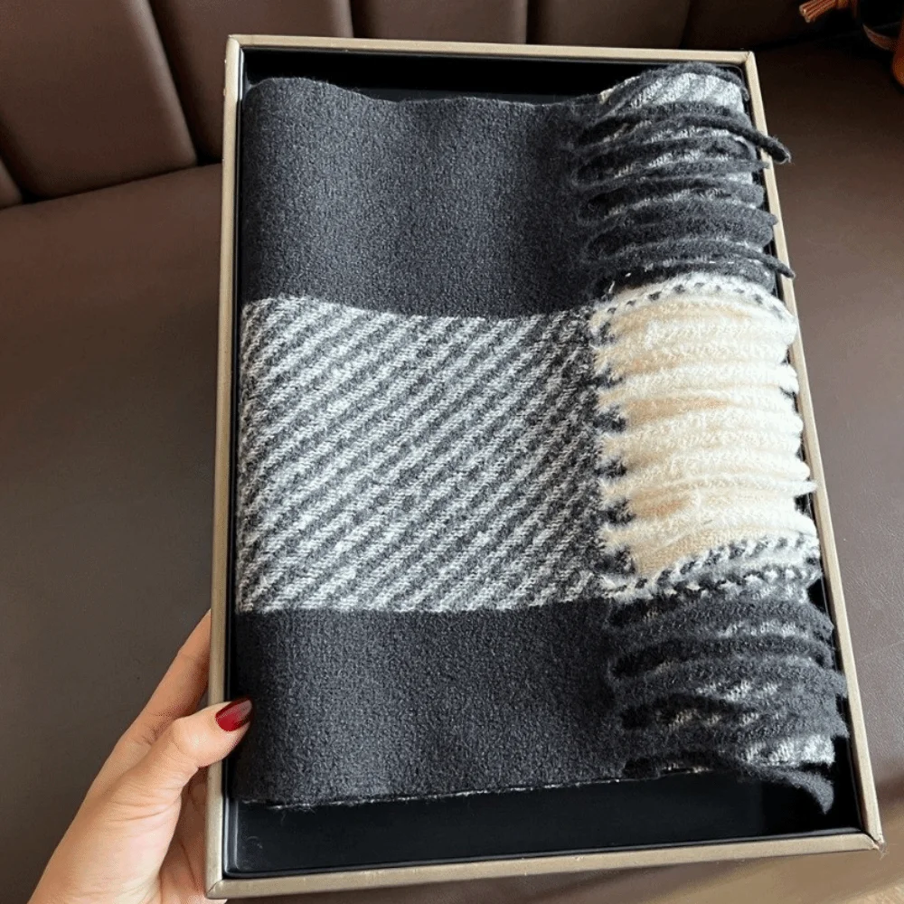 Versatile Checkered Faux Cashmere Scarf Thickened Color Block Wrap Scarf Fringed Warm Plaid Shawl Winter