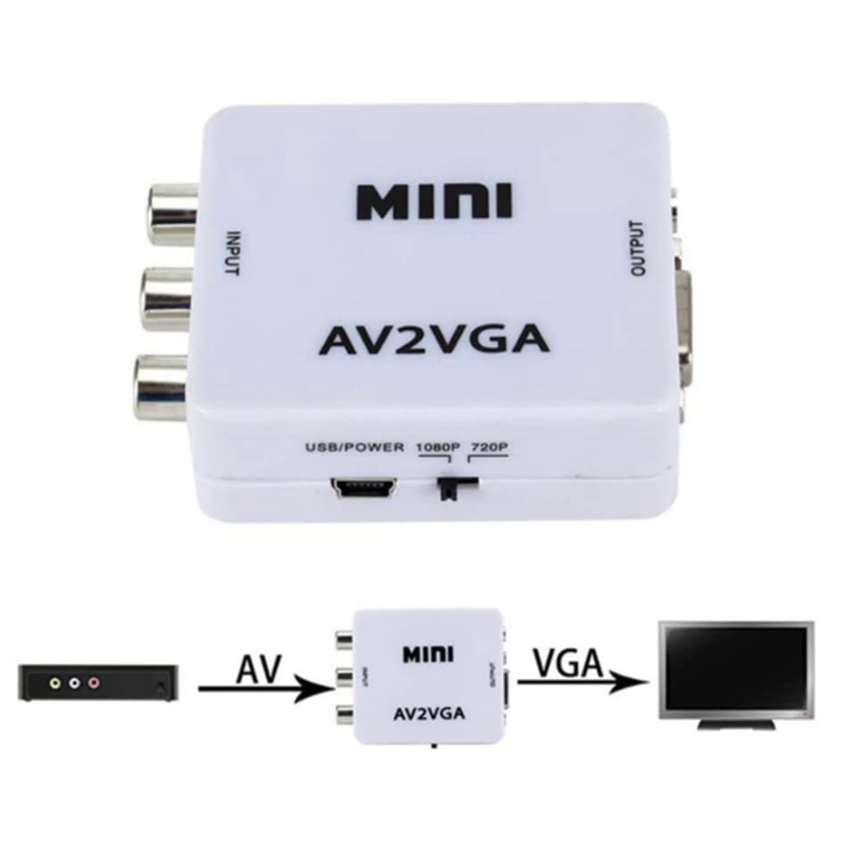 Convertisseur Audio-Vidéo AV (RCA) vers VGA, Prise en Charge de la exposée 1080P /720P, avec Port d'Entrée Audio AUDIO 3.5mm, pour STB TV PC