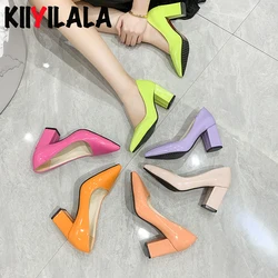 Colorful Pumps Women's Shoes 7cm High Heel Pointed Toe Fashion Chunky High Heels Patent Leather Shoes Female Plus Size 49 50