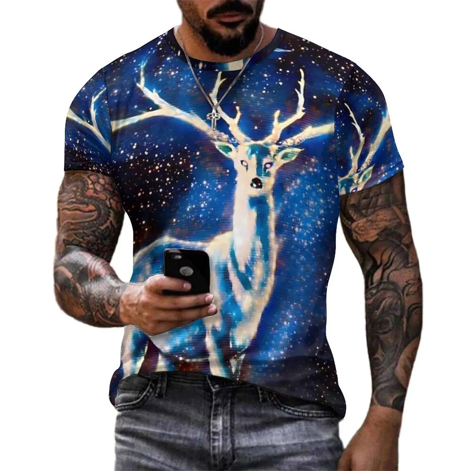 Alien Space Deer T-Shirt Abstract Animal Novelty T-Shirts Men Kawaii Tee Shirt Original Short Sleeve Graphic Top Tees Large Size