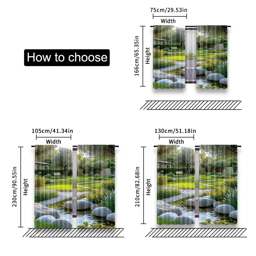 2Pcs Garden Curtains Japanese Park Style Recreational View With Pond Grass Stones And Trees Landscape For Bedroom Bathroom