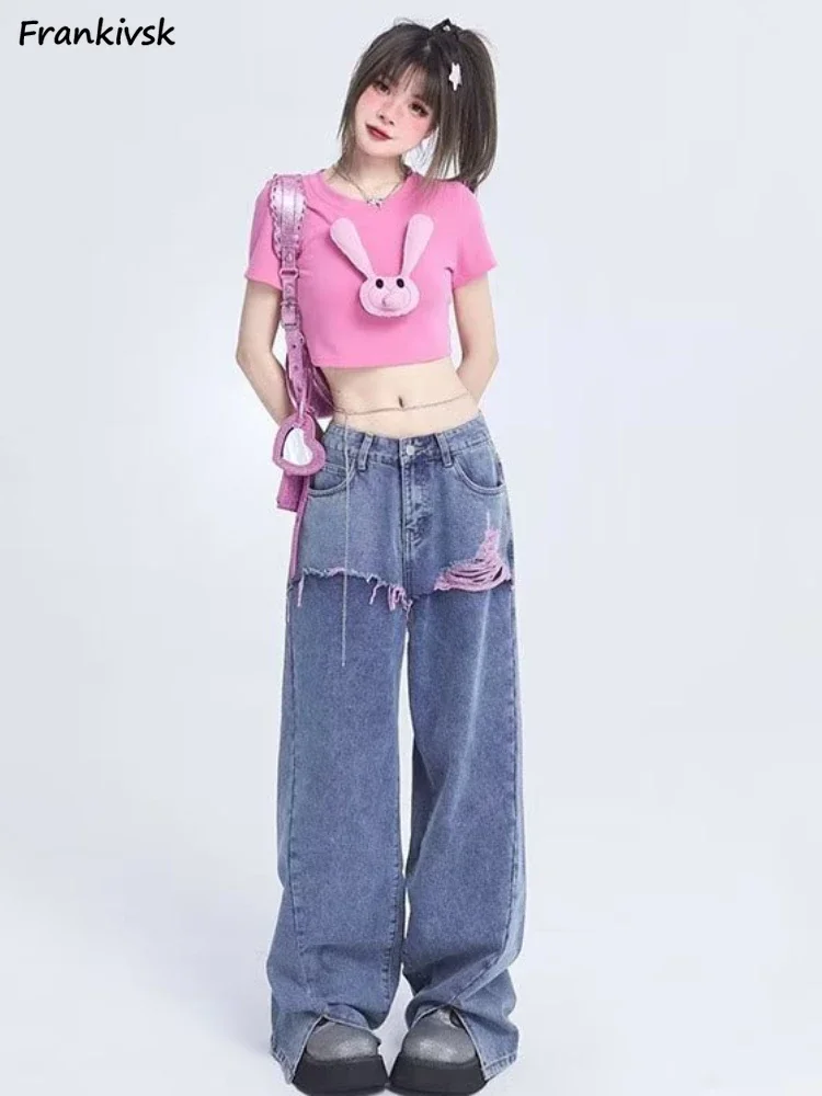 Jeans Women Chic Temperament Harajuku Simple Japanese Style Summer Streetwear Symmetrical Slit Tassel Spliced Denim Trousers New