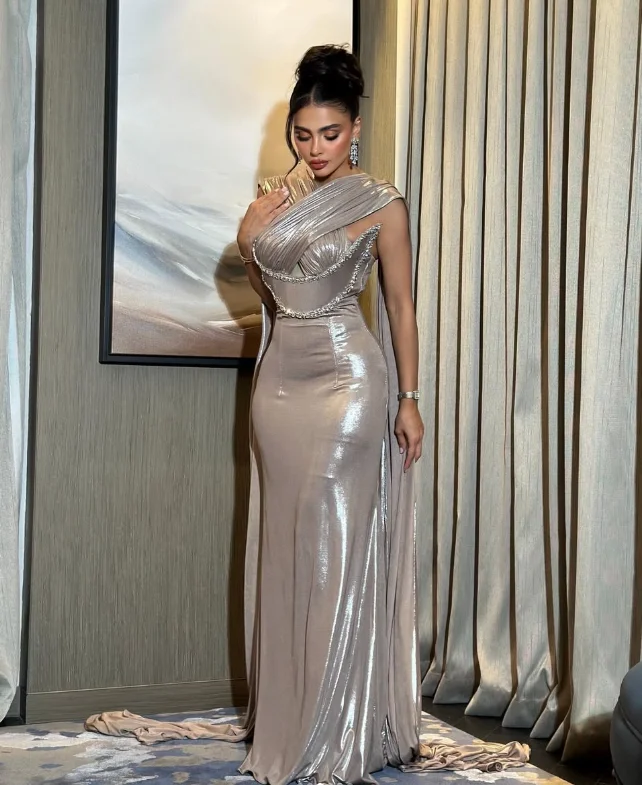 Customized High Quality Sleeveless Wrinkle Floor Length Beaded A-line  Prom Gold Dress for Birthday Party Vestidos Para Boda