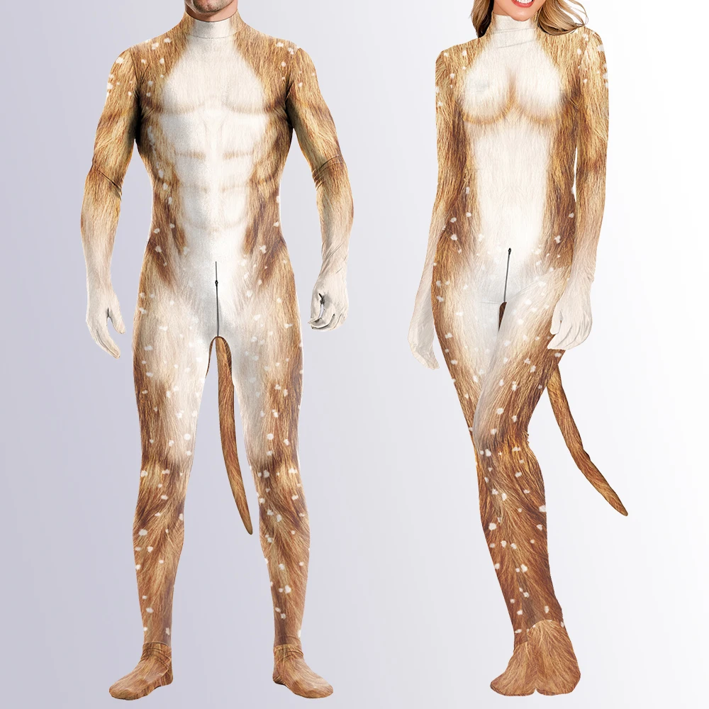 Zawaland Animal 3D Elk Printing with Tail Cosplay Costume Crotch Zip Couple Jumpsuit Carnival Zentai Bodysuit Christmas Catsuit