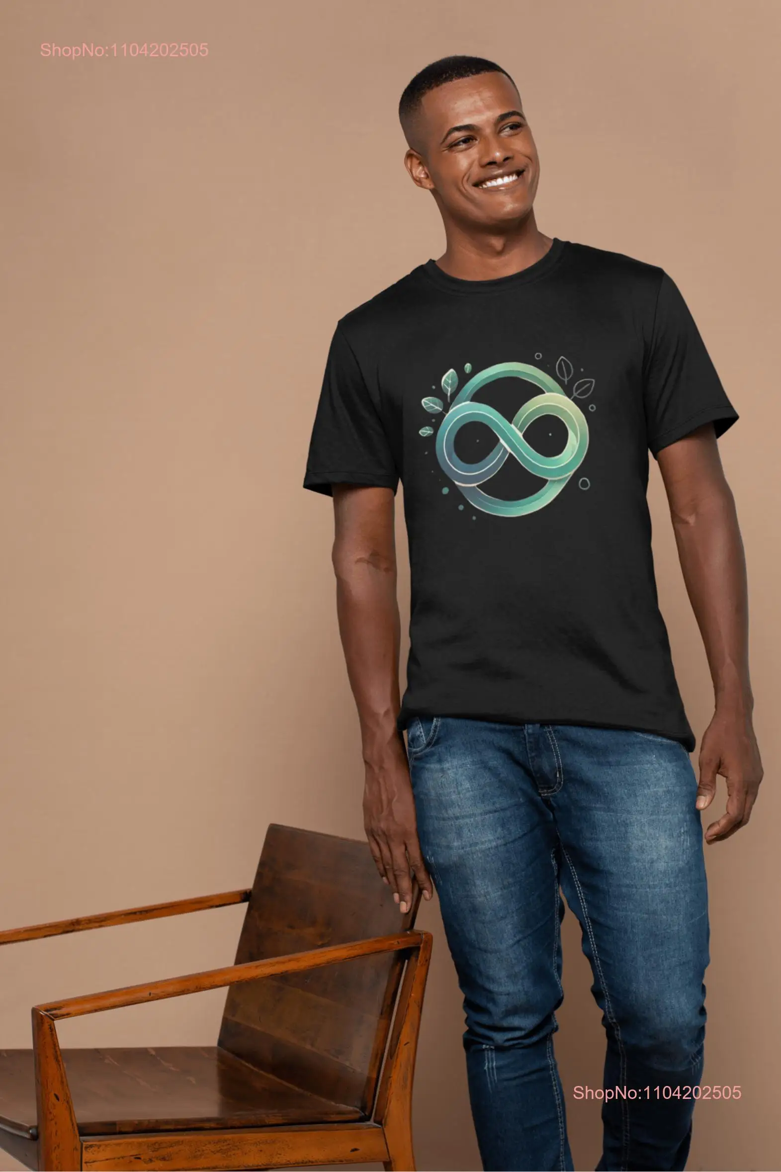 Eco Friendly Infinity Symbol T Shirt Sustainable Nature Inspired Design with Leaves Minimalist Living Apparel Fashion