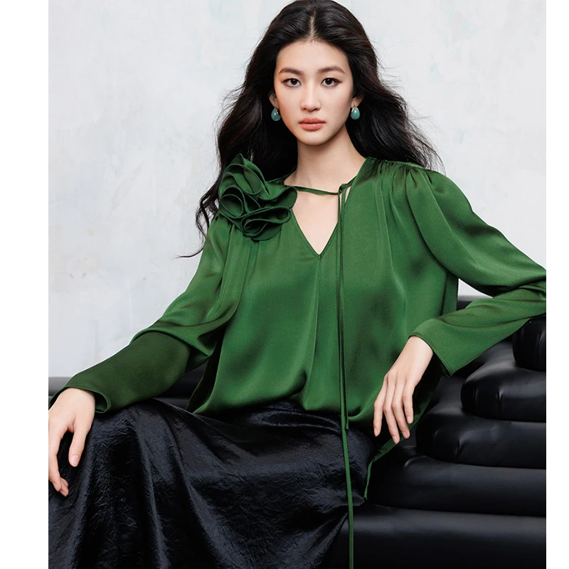 Spring And Summer New Shiny Water Ripple Satin Detachable Handmade Three-Dimensional Rose V-Neck Loose Women's Shirt S-XL