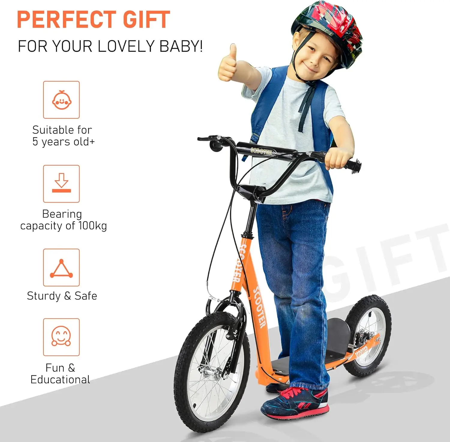 Youth Scooter Kick Scooter for Kids 5+ with Adjustable Handlebar 16" Front and 12" Rear Dual Brakes Inflatable Wheels