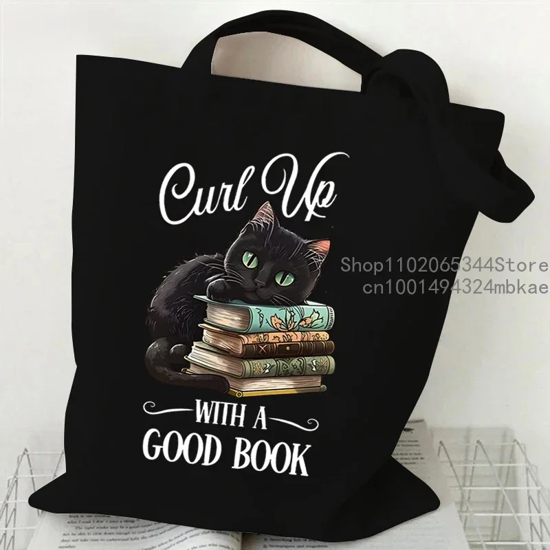 Black Cat and Books Canvas Bag for Women Men Shopper Funny Reading Lover Handbags Reusable Shoulder Tote Bag Cartoon Hand Bag