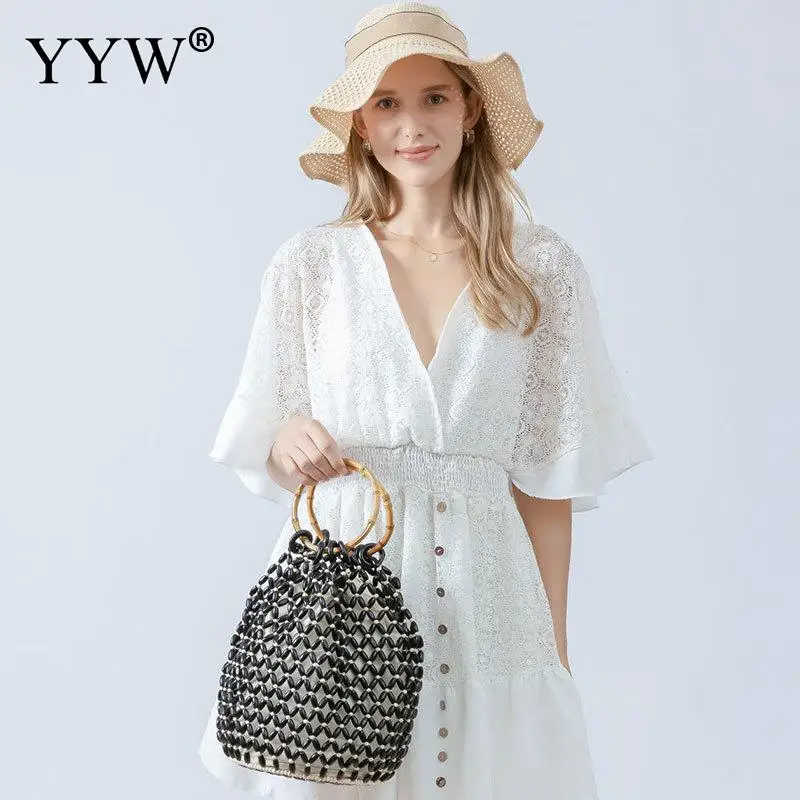 Fashion Woven Bag Women'S  New Hollow Out Bucket Bag 2023 Designer Wood Bead Totes Bag Bohemian Travel Beach Handbag Clutch Bags