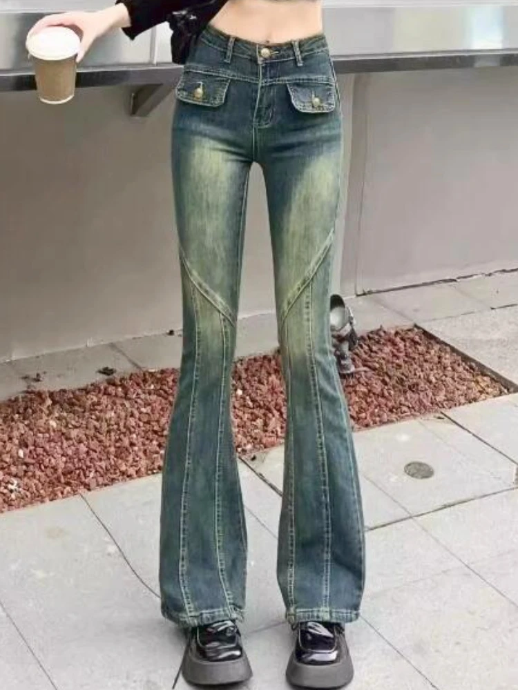 

Autumn Vintage Streetwear Flare Pants Women Button Korean Elegant Slim Jeans Female Pockets Designer Casual Denim Pants 2023 New