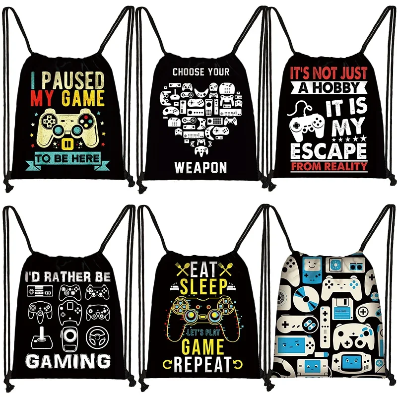 Divertido elige tu arma Gamer bolso con cordón estampado mujeres hombres mochilas videojuego ventilador bolso de hombro para zapatos de viaje titular