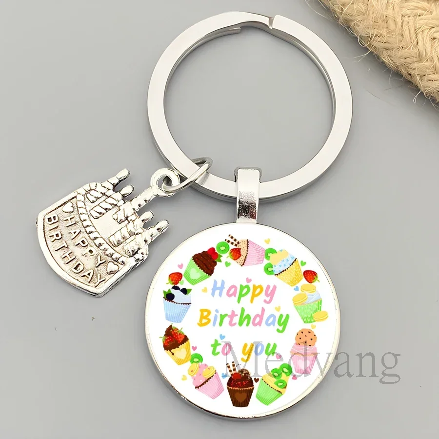 Cute birthday gift keychains cake accessories Glass Cabochon keychains birthday parties small gifts for friends and family