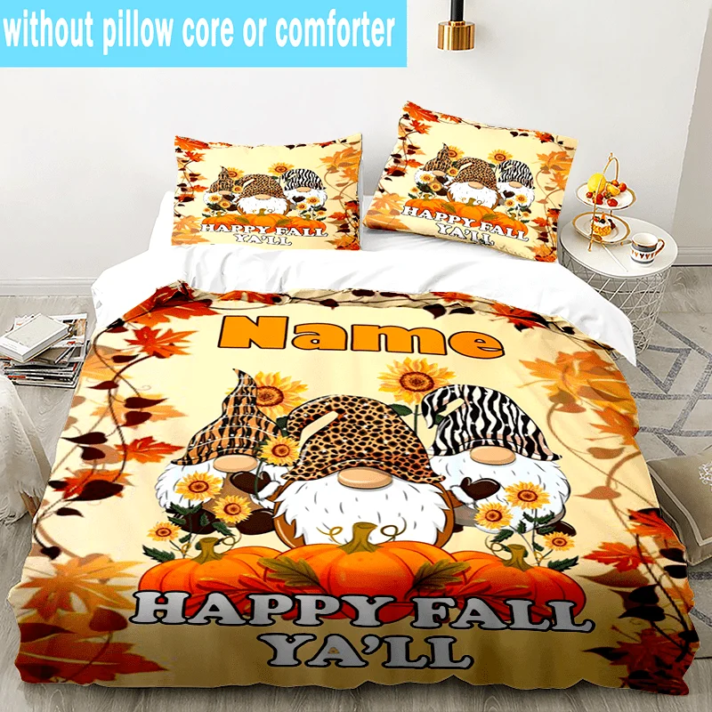 Happy Autumn Gnome Duvet Cover Set, Three-Piece Bedding Set (1 Duvet Cover + 2 Pillowcases), Skin-Friendly Breathable Polyester Woven Bedding, Invisible Zipper Double Bed Bedding, Suitable for All Seasons, Easy to Clean, Durable, Wrinkle-Resistant, Cozy Home Decor, Student Dormitory, Christmas Gift