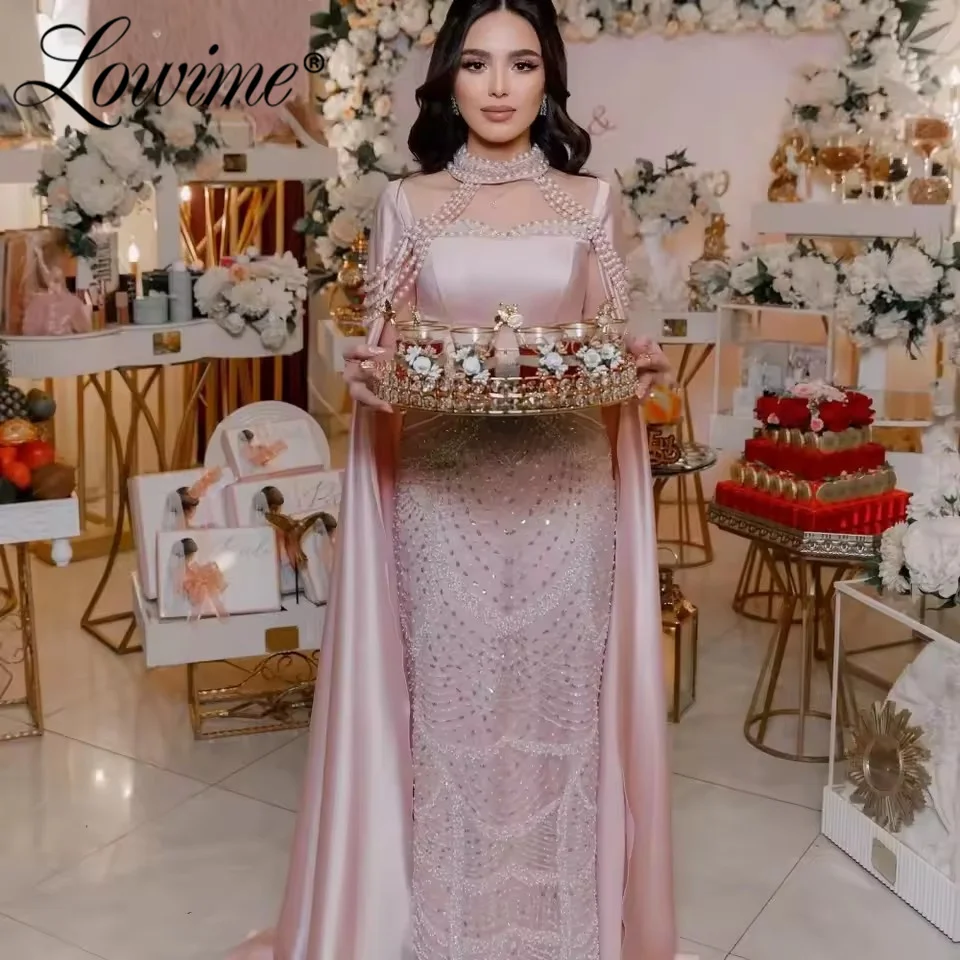 

Элегантный арабский жемчуг, розовые вечерние платья русалки с бисером и накидкой, длинное вечернее платье для выпускного вечера, свадебное платье 2025, халаты