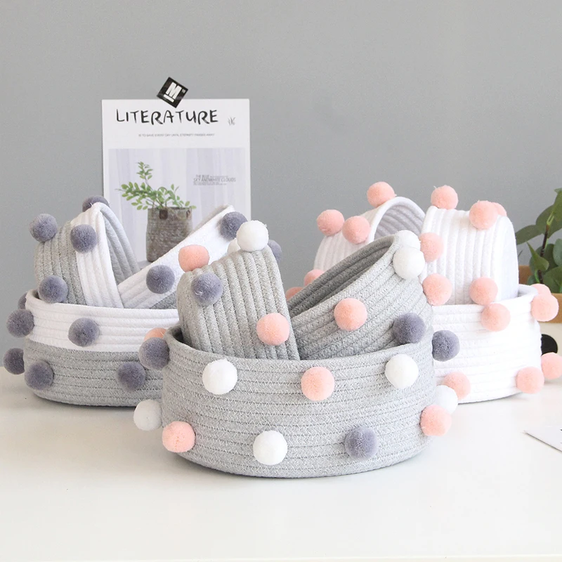 Pompom Cotton Rope Storage Boxes Hand Woven Baskets Kids Dirty Clothes Laundry Basket Toys Desktop Sundries Organizer Accessory