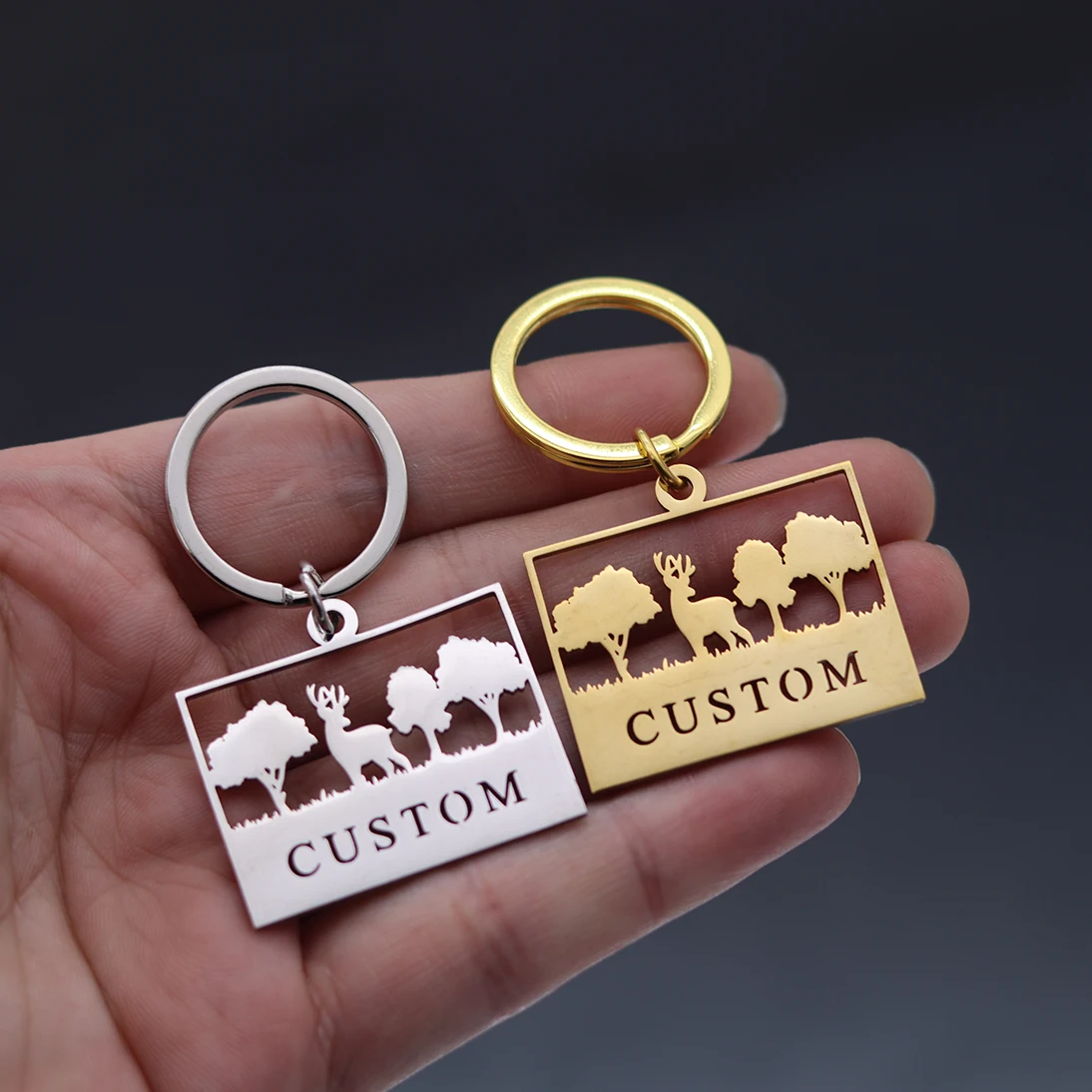 QIAMNI Cute Christmas Forest Elk Keychains Personalized Stainless Steel Custom Name Keyring Sika Deer Animal Nameplate Key Chain