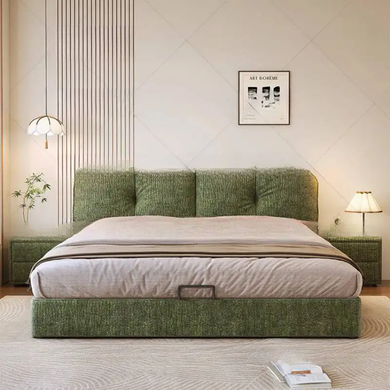 

European Green Double Bed Couples Large Storage Wooden Floating Double Bed Size Style Metal Cama Matrimonial Furniture For Home