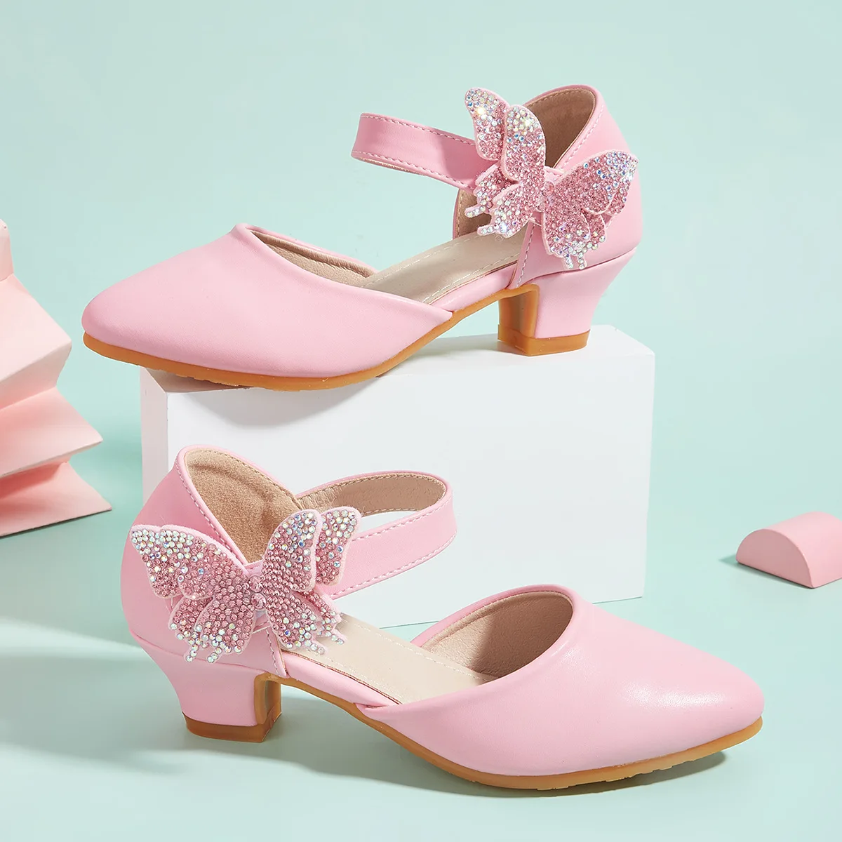 Girls Rhinestone Bowknot Peep Toe Heel Sandals 2026 Kids Princess Dress Heels Strappy Evening Shoes Wedding Party Pageant Girls