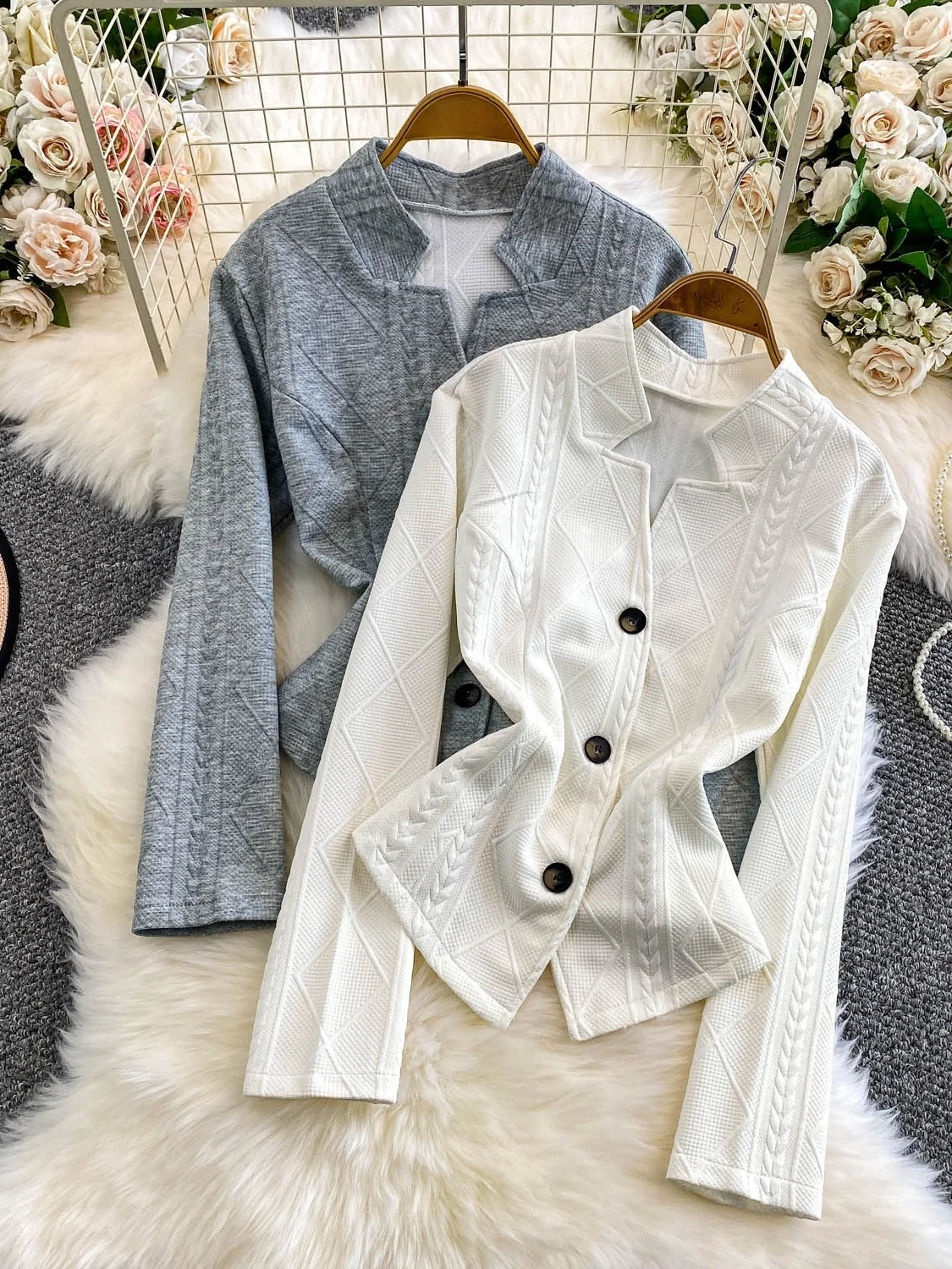 

Slimming ey Long Sve Stand Collar Outerwear for Girls Faionable Single Button Design Autumn Winter Design Sensation
