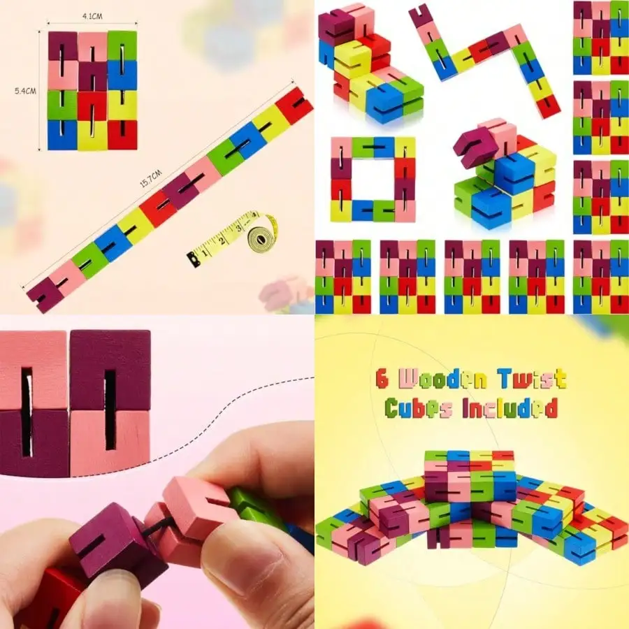 

6 Pcs Wooden Fidget Toy, Twist Block Cubes Puzzle Sensory Toys Party Favors for Kids