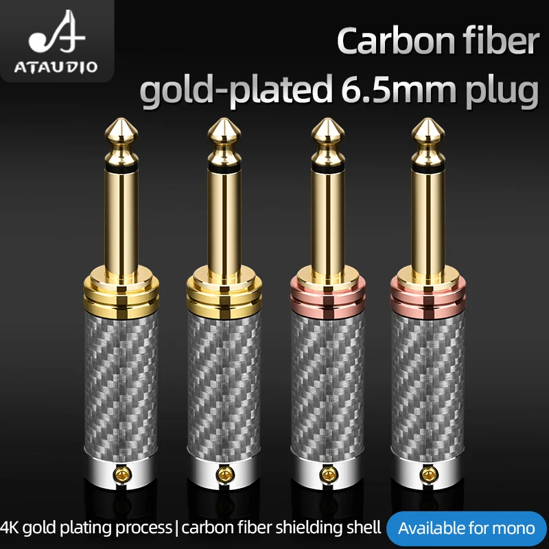 ATADUDIO 4PCS 6.5mm Plug Carbon Fiber Shielding Shell Gold Plated Mono 6.5 TS Jack Plug for Microphone Audio Guitar Connector