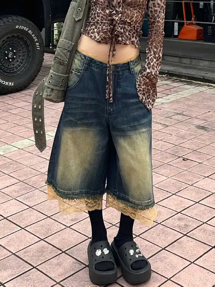 

Retro American Lace Splicing Wide Leg Short Jeans High Waist Seven-Foot Women's Summer Casual Loose Fit Denim Shorts