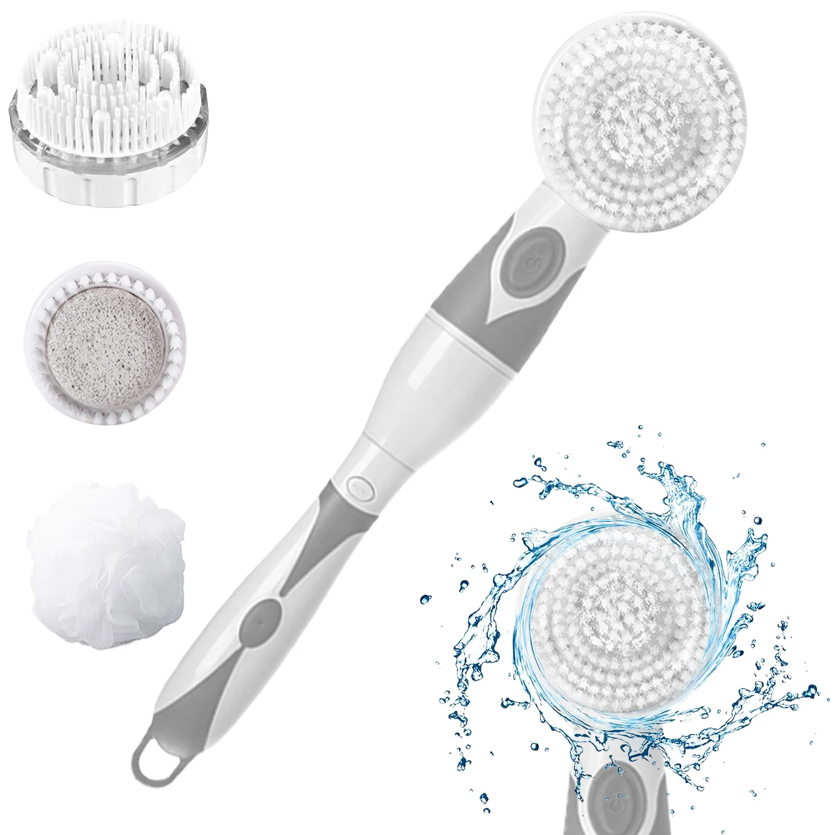 Electric Body Brush with 4 Replacement Heads Battery Operated Long Handle Exfoliating Scrubber IPX6 Waterproof Massaging Bath