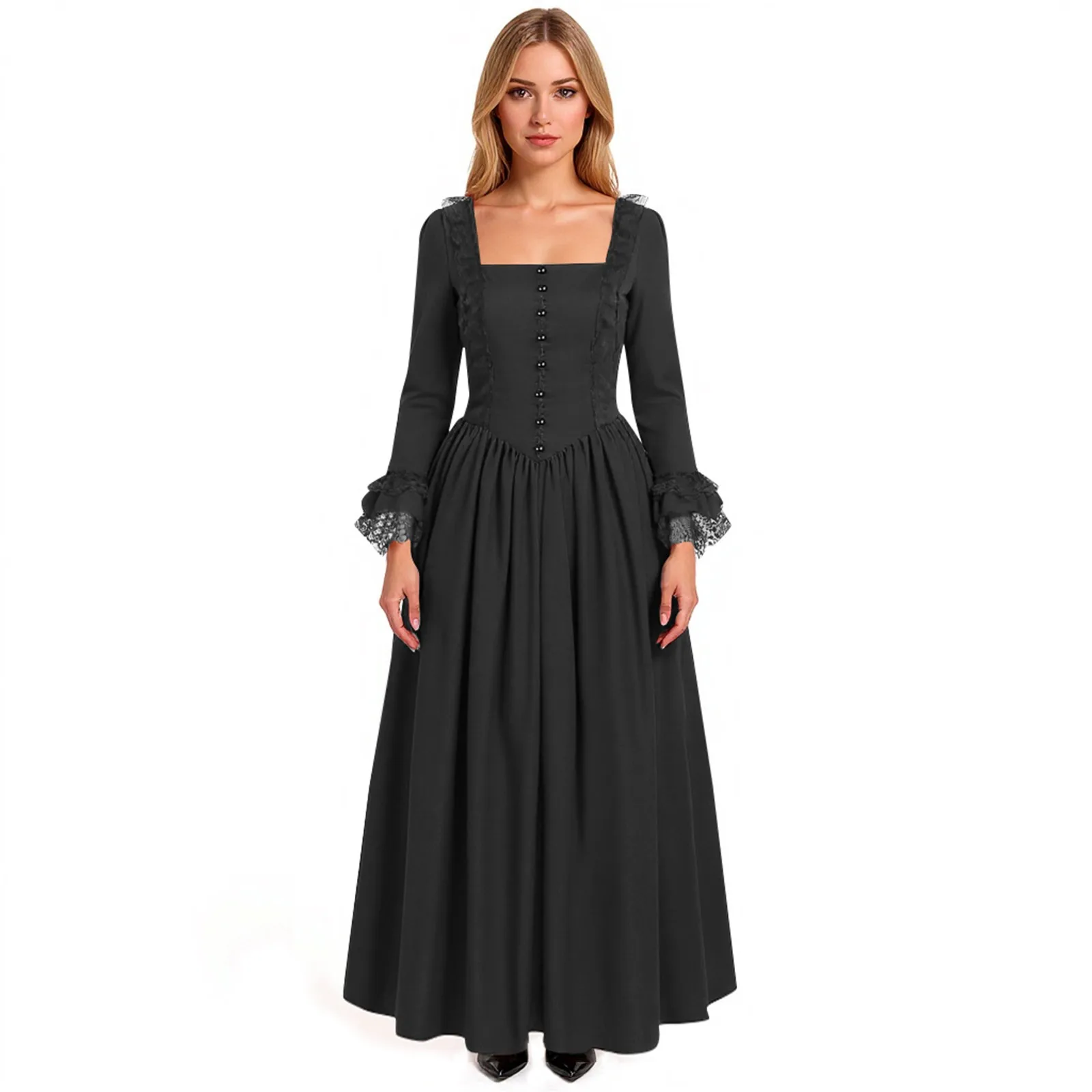 Retro Court Lace Long Dress Solid Color Square Neck Velvet Midi Evening Gowns with Button Festival Dance Performance Costumes