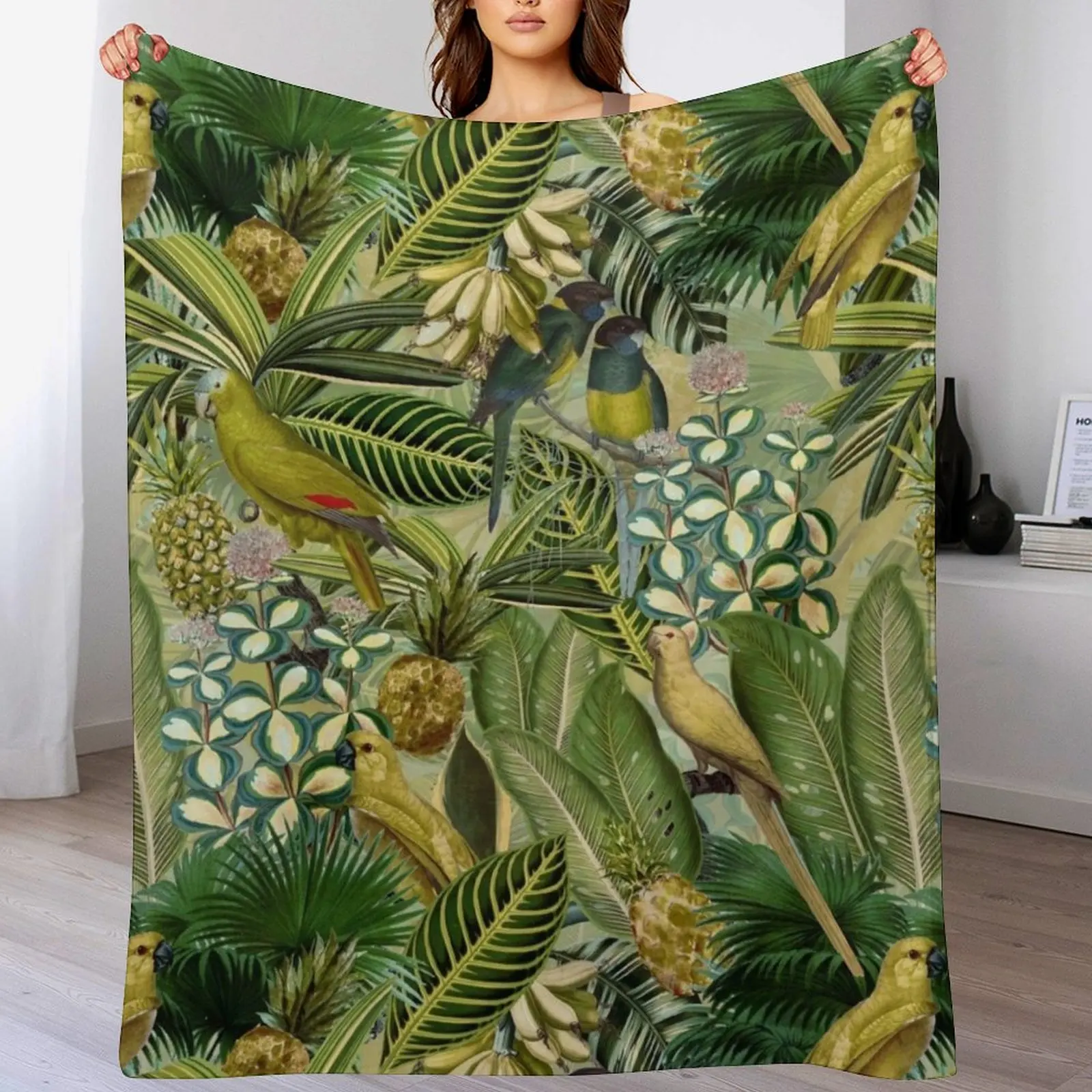 

Vintage Green Tropical Bird Jungle Botanical Night Garden Nightgarden Throw Blanket Soft Bedroom Blanket for Night Sleeping