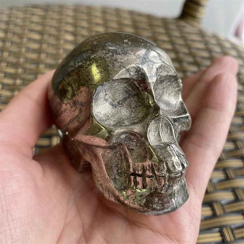 

Natural Pyrite Skull Stone Carved Chakra Healing Reiki Feng Shui Skull Decorative Crafts, Minerals