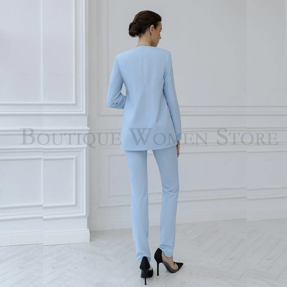 سترة رسمية زرقاء للنساء سترة رسمية بدون ياقة مكونة من قطعتين أطقم سراويل فاخرة للمكتب للسيدات سترة نسائية ملابس 2025
