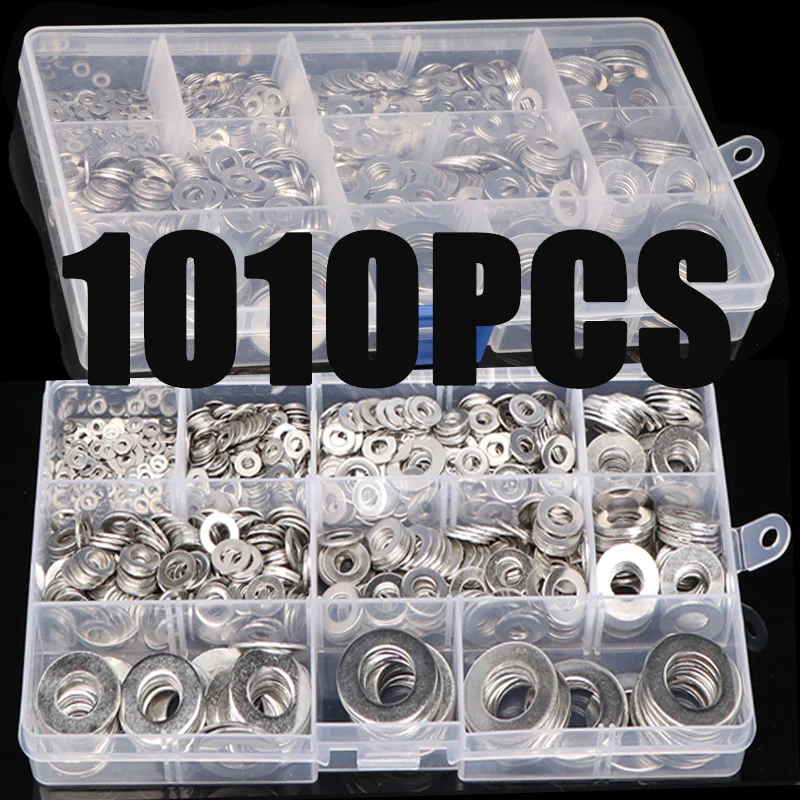 180/360/580/684/1010PCS Stainless Steel Washer M2 M3 M4 M5 M6 M8 M10 M12 Flat Washers Ring Plain Washer Gaskets Assortment Kit