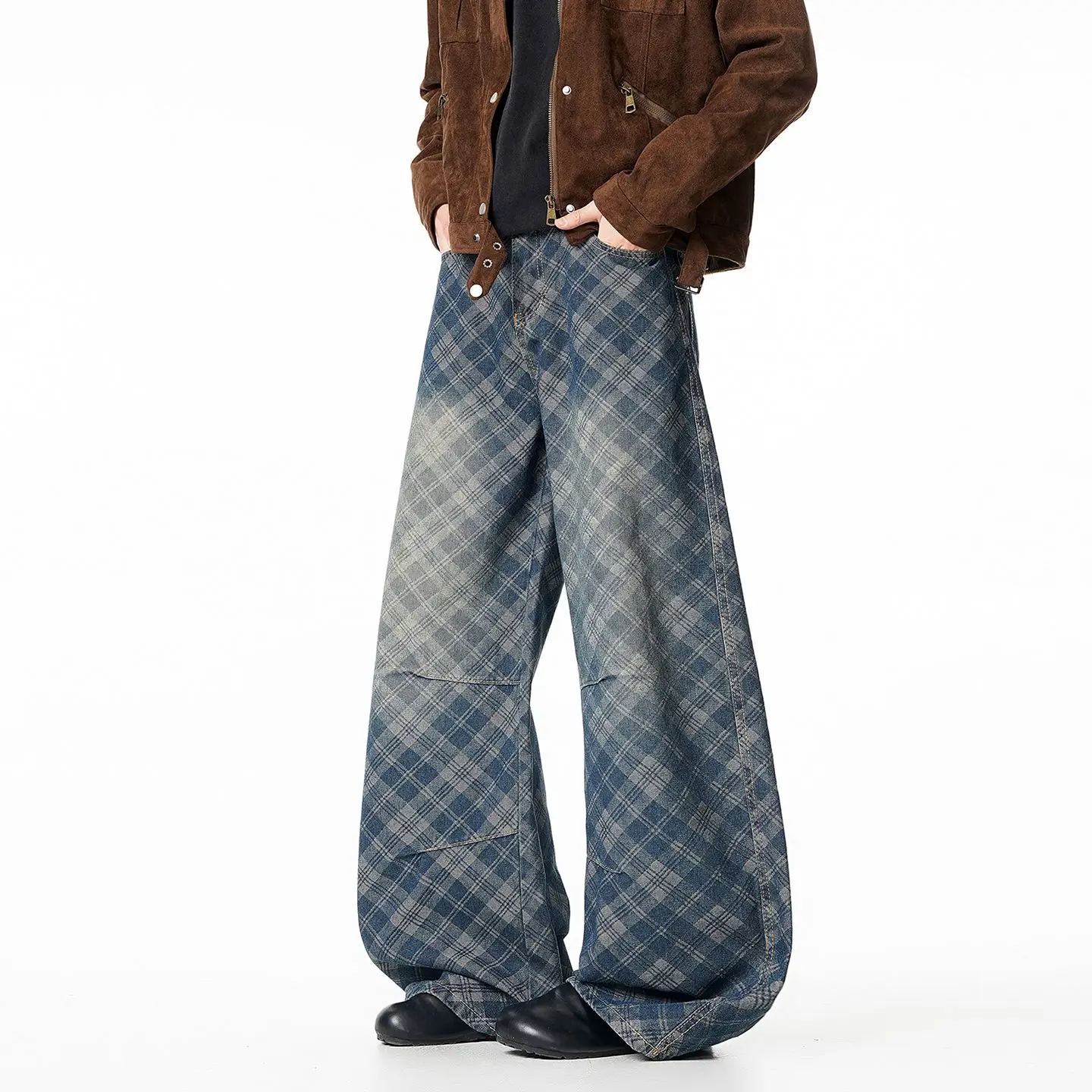 Vintage Washed Double Pleated Banana Jeans for Men, Loose Draped Wide Leg Casual Denim Pants Autumn Winter