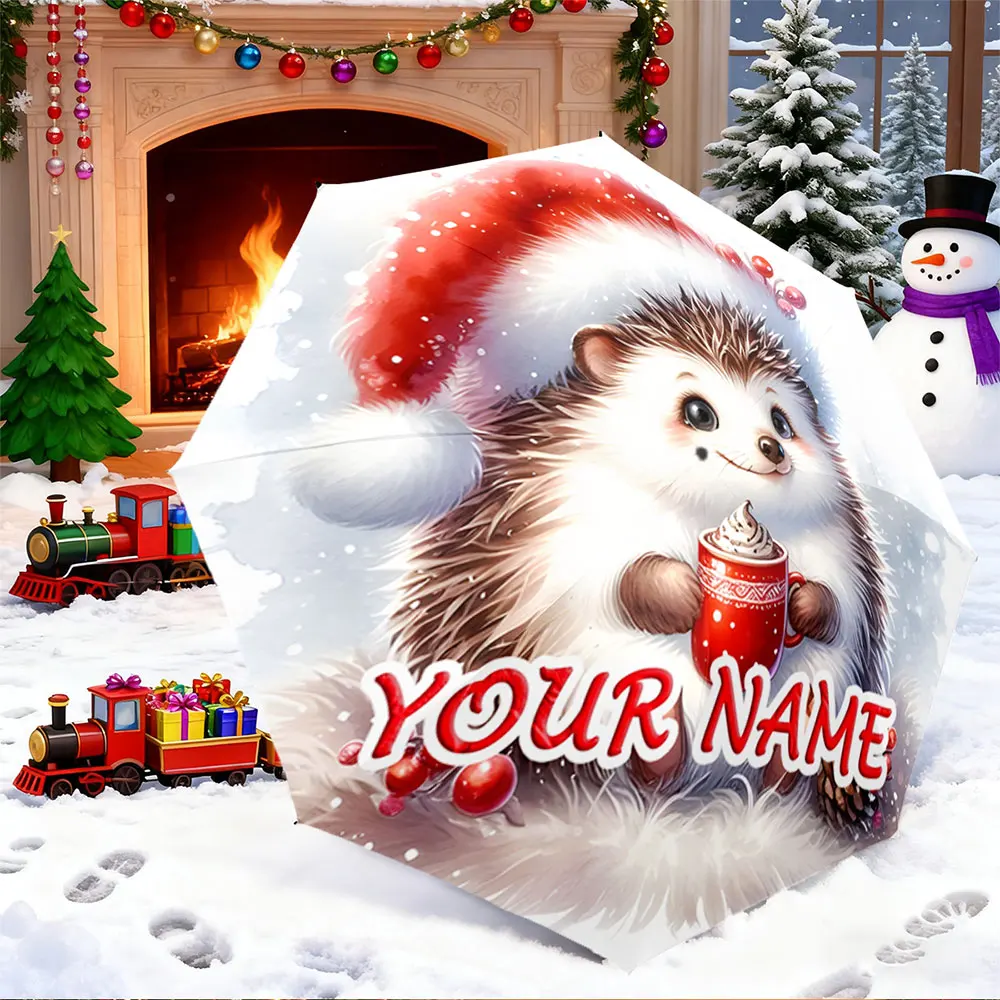 Custom Name Umbrella， "Christmas Hedgehog with Santa Hat and Hot Cocoa Design" ,Portable Folding Umbrella, Christmas Gift