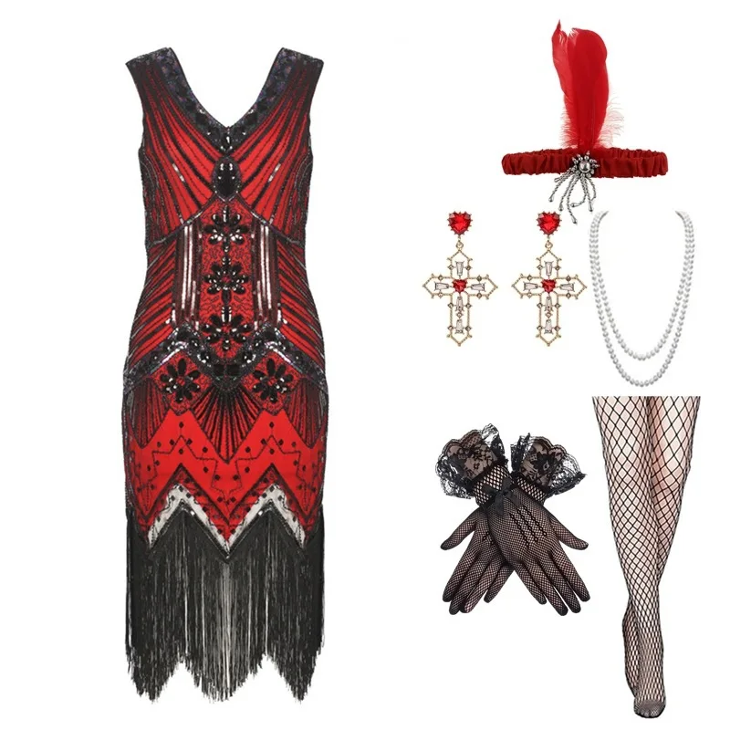 

920s eat Gatsby Evening Dr Tassel Large Size V-ne Dr Set Banquet Evening Gown Polyester Material Ladies Faion