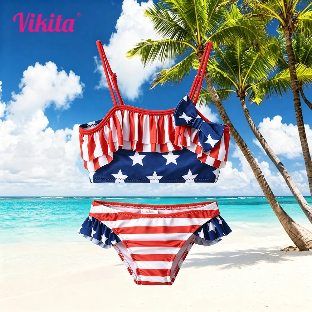 VIKITA Girls Swimwear Star Striped 2 Pieces Swimsuit with Bow Knot Toddlers Beach Vacation Travel Cute Bikini Kids Clothes