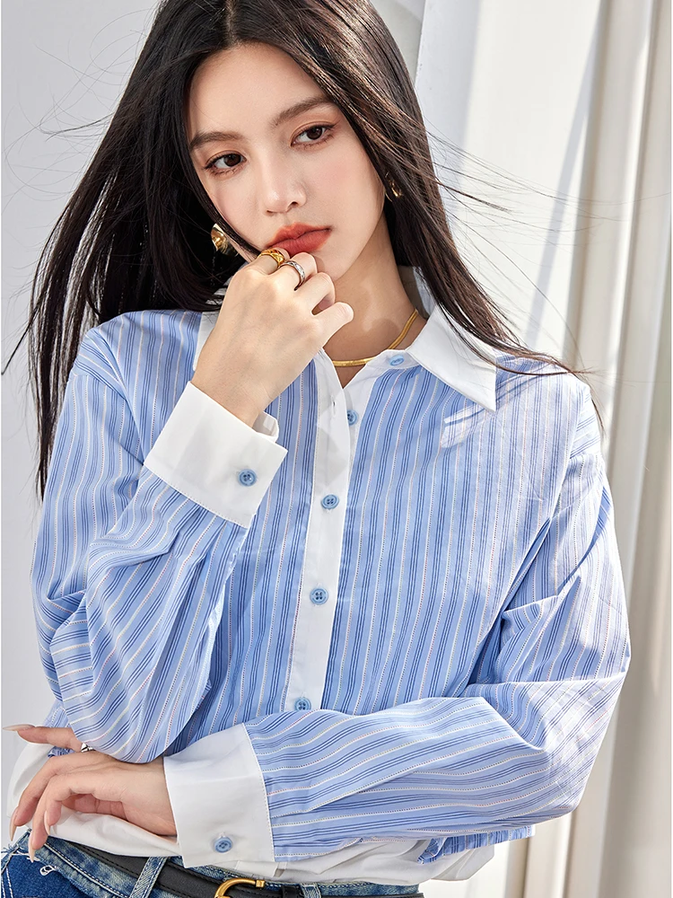 Korean Style Striped Lapel Shirt Women\'s 2024 Autumn New Fake Two-pieces Single Breasted Shirt Office Lady Fashion Loose Top