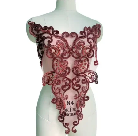 Luxury Embroidery Lace Back Flower Stickers, Black, Red, Ivory Beaded, Wedding Dress, Fashion Show Decoration, DIY, RS4171